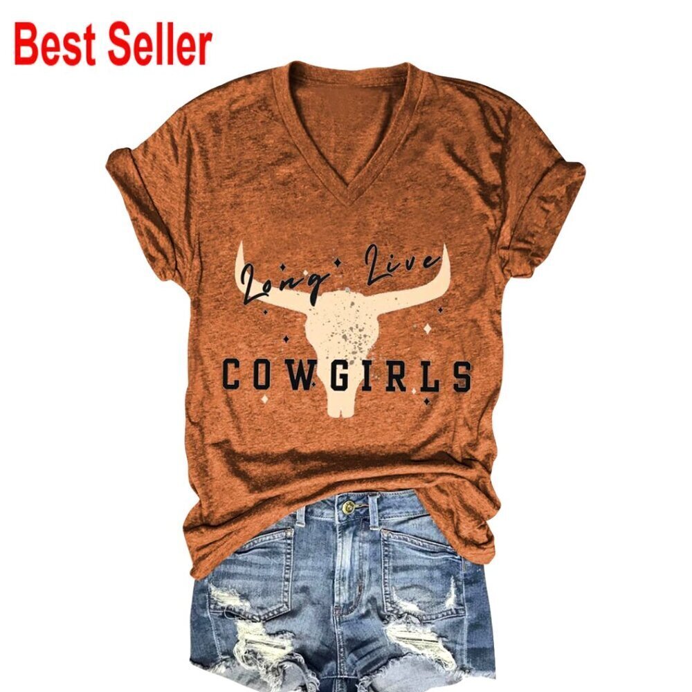 Vintage Cowboy Graphic Tee V-Neck Short Sleeve Western T-Shirt